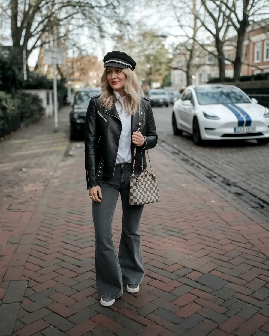 fall transition outfits casual Leather Layers and Gray Denim: Weekend Confidence
