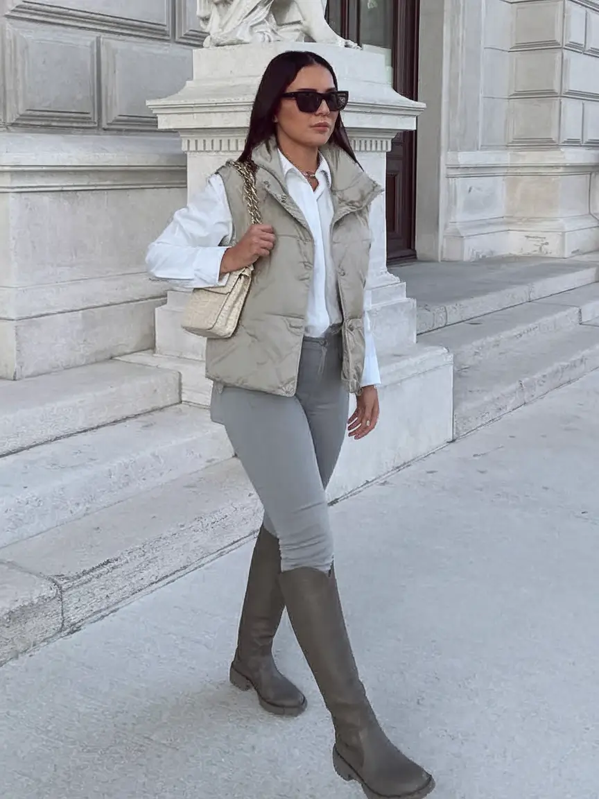 fall transition outfits for work Layered Neutrals with Tall Boots