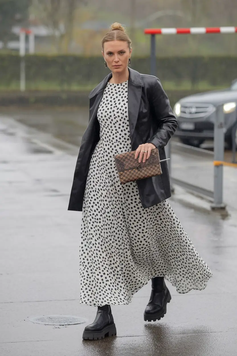 fall transition outfits dress Effortless Edge in Polka Dots and Leather