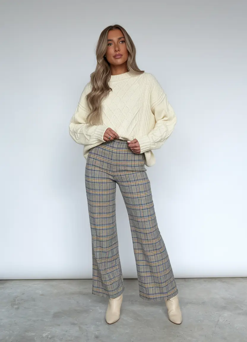 fall transition outfits women Soft Cable Knit and Plaid: Cottagecore Meets Career Girl