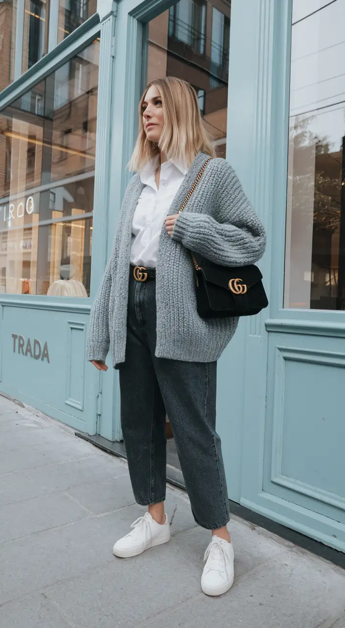 fall transition outfits casual Chunky Cardigan and White Shirt: Effortlessly Pulled Together