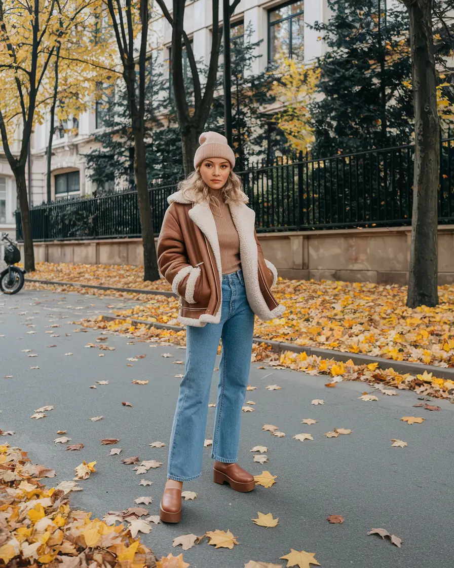 fall transition outfits warm weather Cozy Neutrals and Shearling Jacket: A Fall Classic