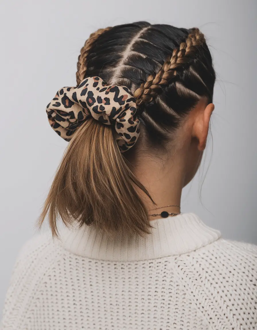end of summer hairstyles Stitched Braids into Ponytail with Scrunchie Detail