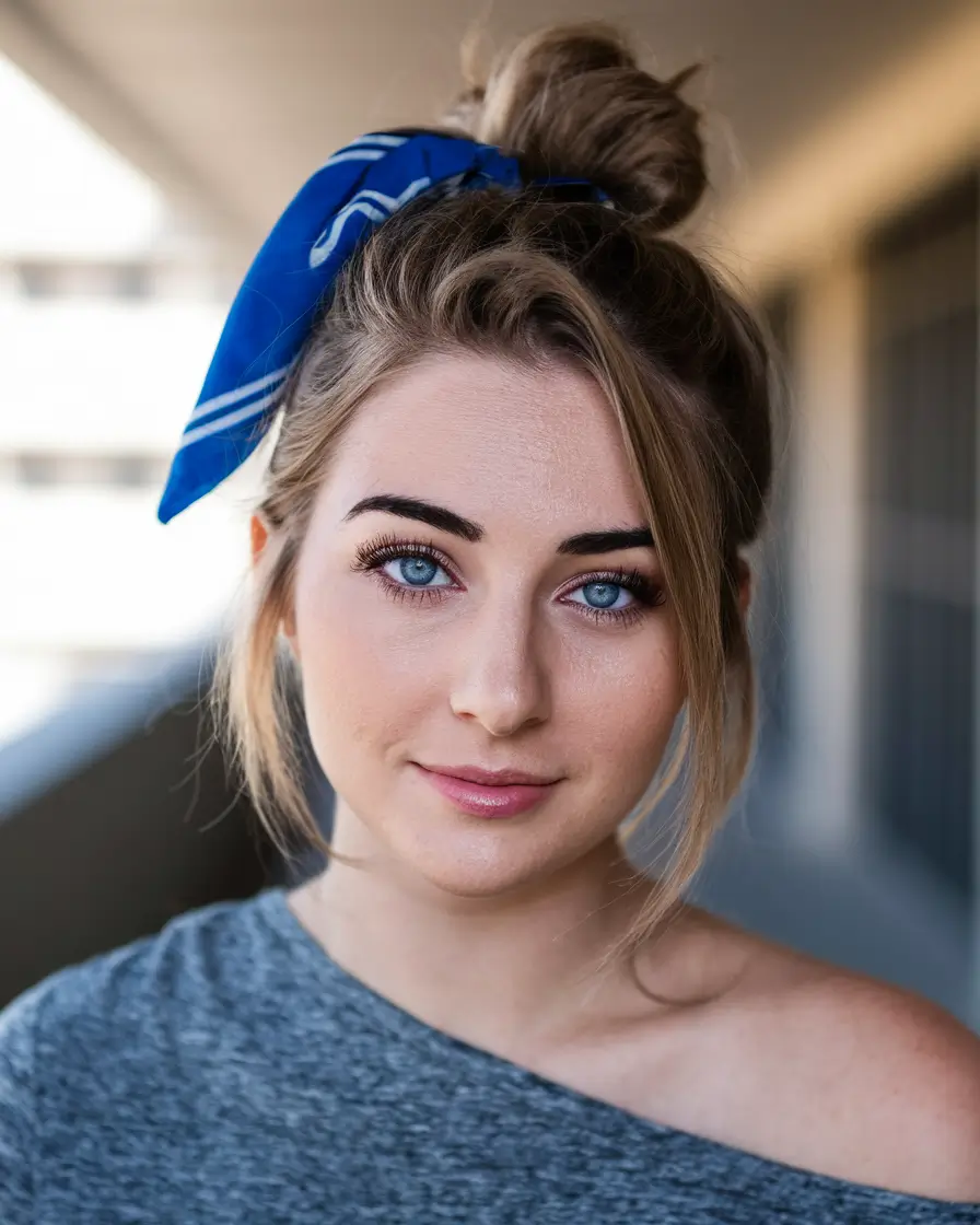 end of summer hairstyles Top Knot with a Playful Scarf