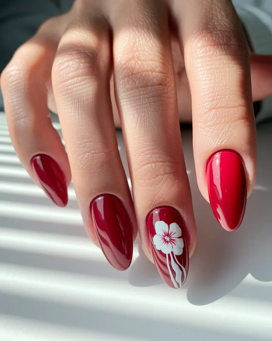 end of summer nails 2025 Cherry Red Romance with Delicate Florals