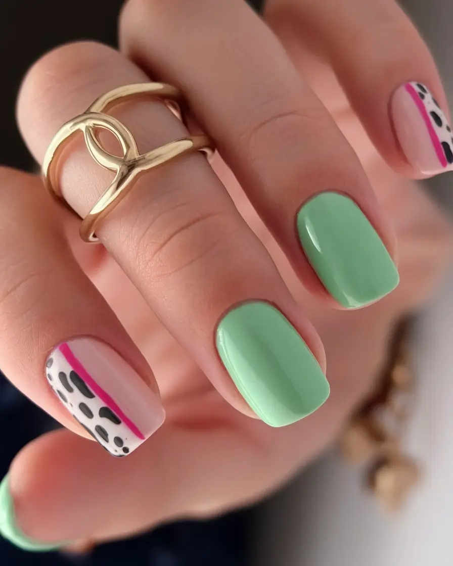 end of summer nails 2025 Mint Pop and Animal Print Detail