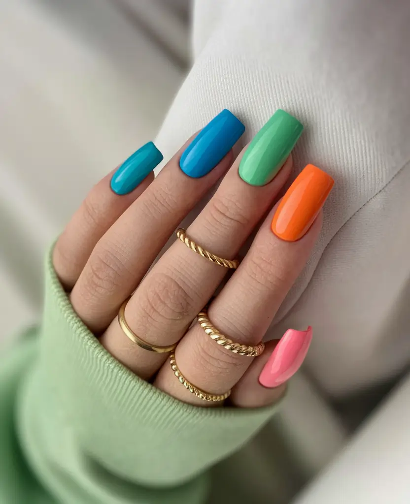end of summer nails 2025 Bright Block Party with Glossy Finishes