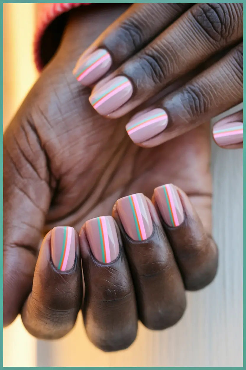 end of summer nails 2025 Minimalist Neon Lines on Soft Nude