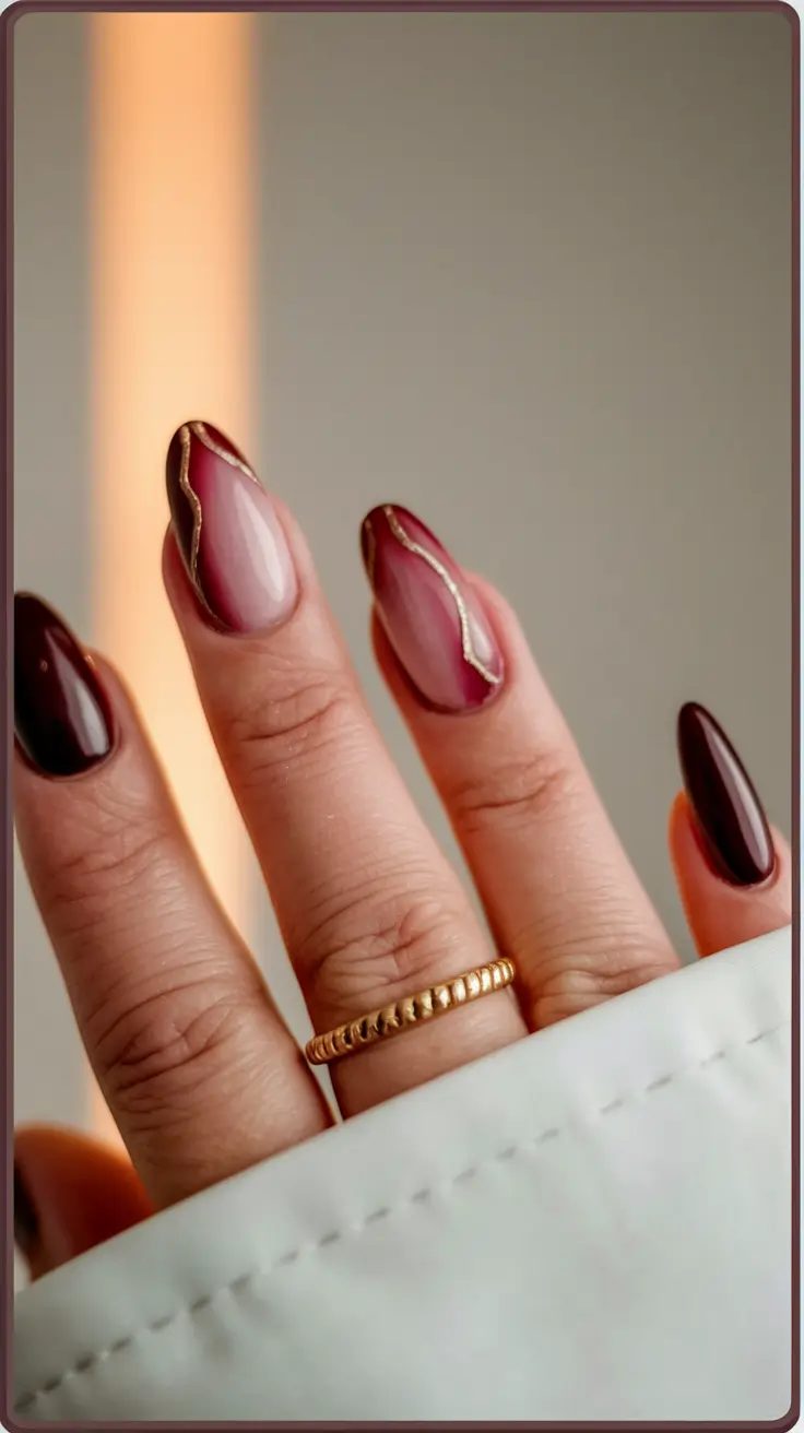 end of summer nails 2025 Plum Waves with Golden Thread
