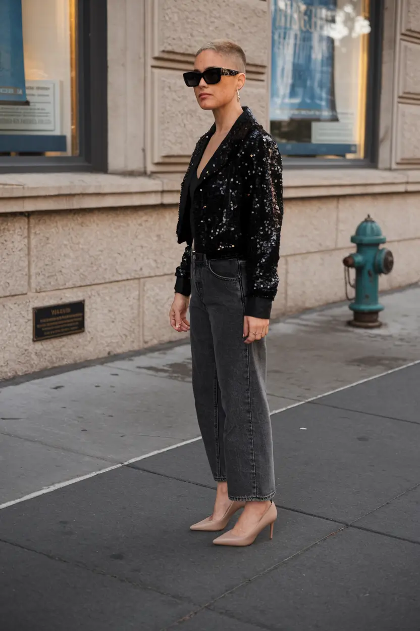 fall outfits women over 30 Edgy Sparkle Meets Tailored Denim