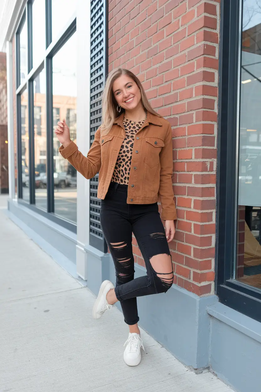 fall fashion inspo women Retro Street Chic with Leopard and Denim