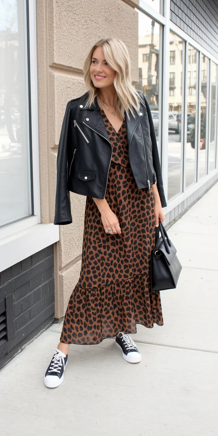 fall fashion inspo women Playful Power in a Patterned Dress and Leather Layers