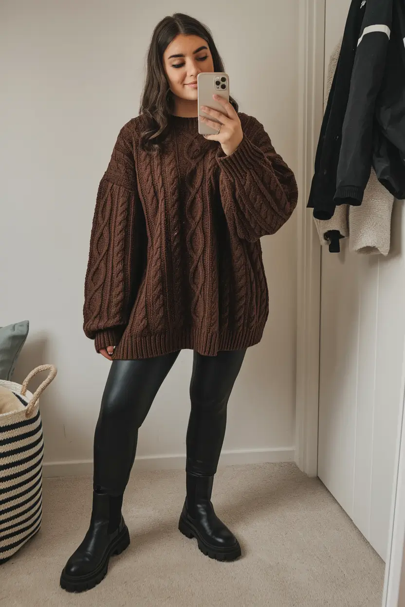 fall fashion inspo women Chunky Texture Meets Sleek Leather