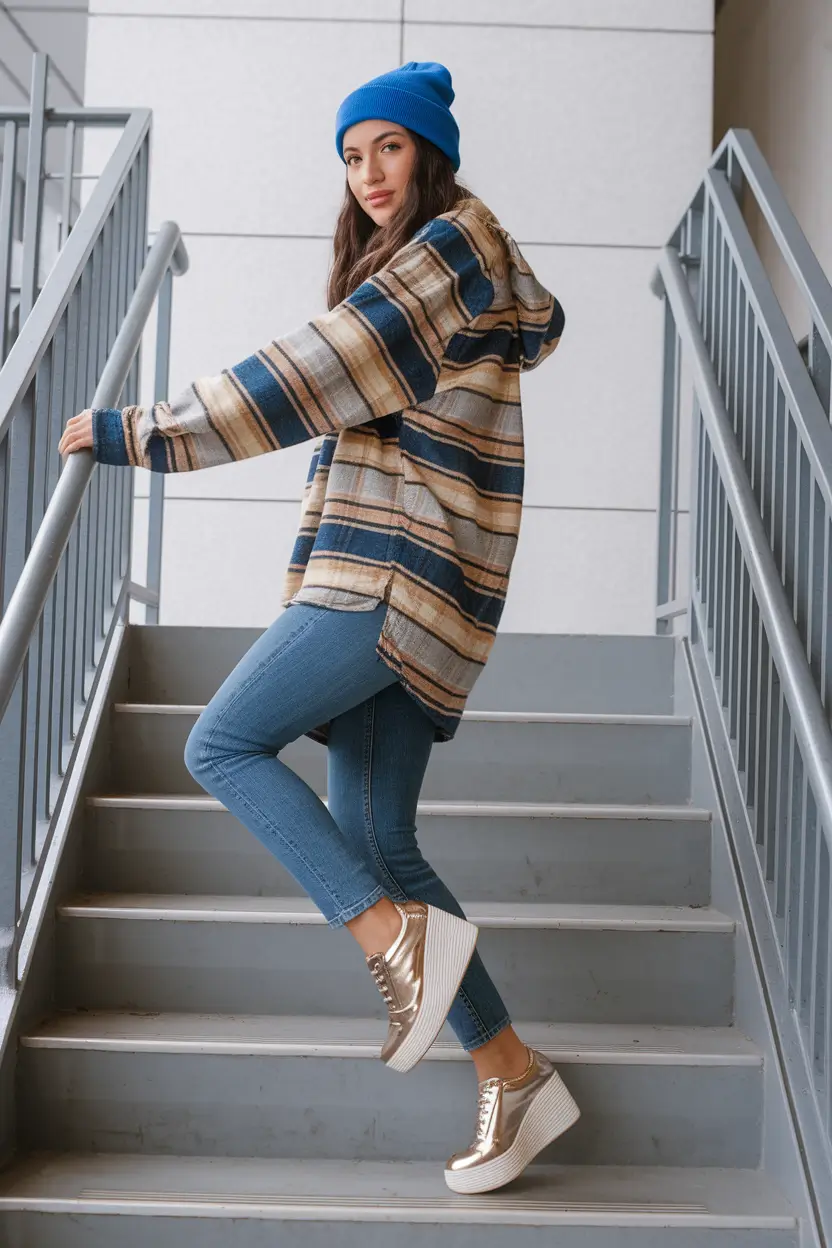 fall outfits 2025 Playful Plaids and Sky-Blue Beanies