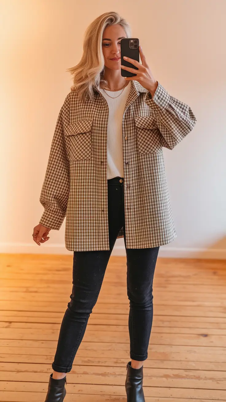 fall outfits women 2025 Earth-Toned Checks and Ankle Boots