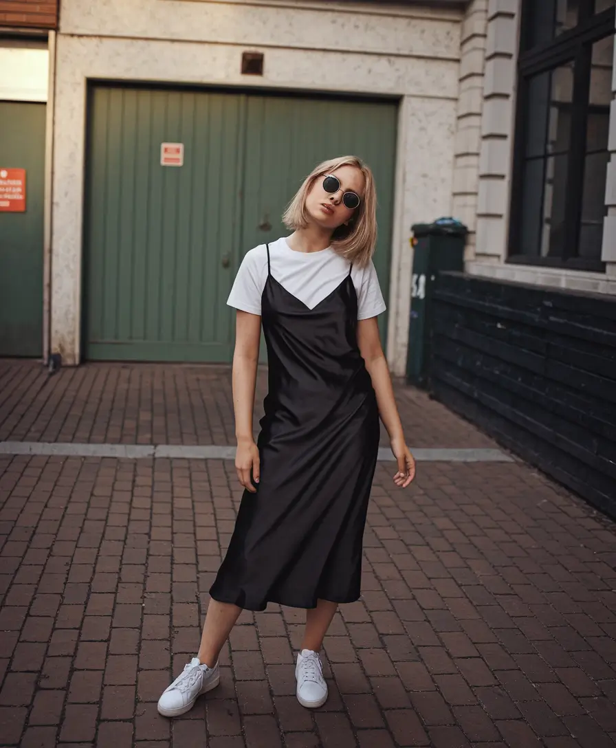 fall outfits 2025 Silky Slip Dress Meets Street Simplicity