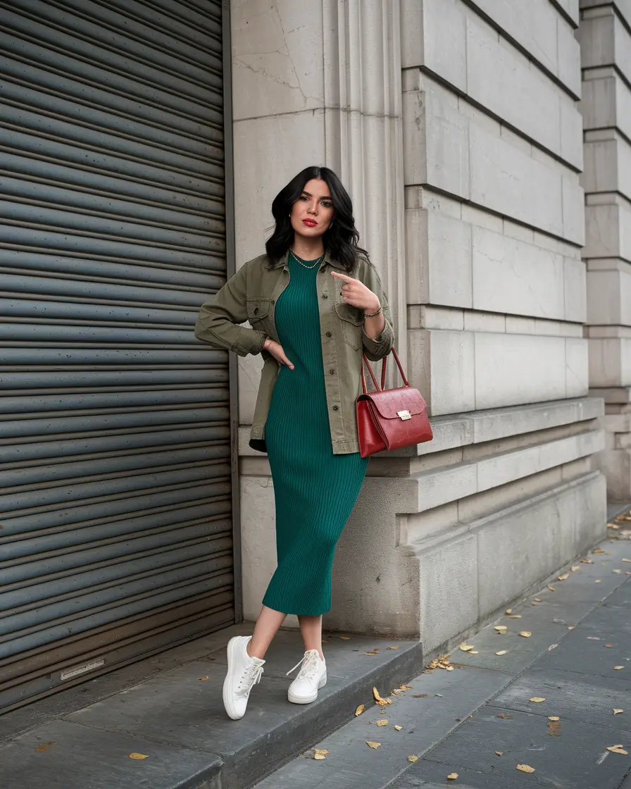 everyday fall outfits women Elegant Utility: Knit Dress and Army Green Layers