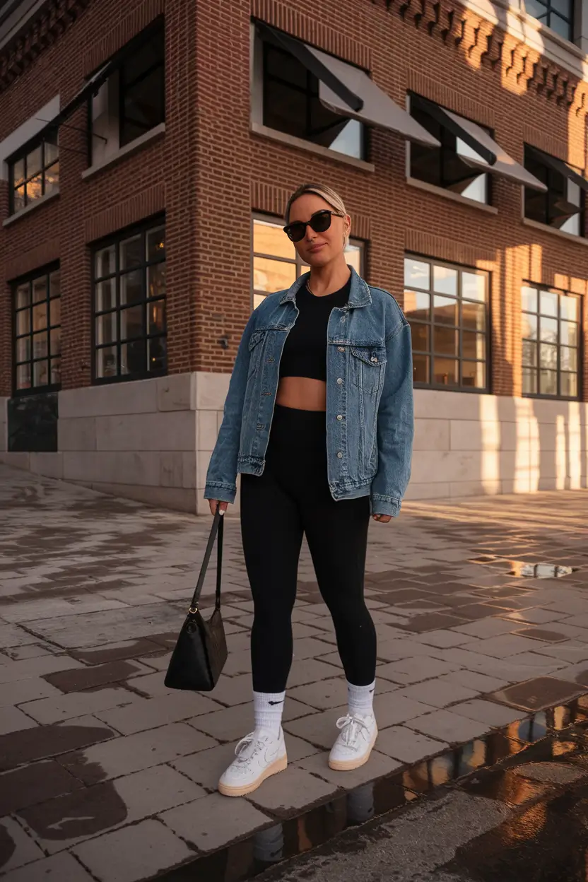 everyday fall outfits 2025 Denim Jacket Over Activewear for Clean-Cut Cool
