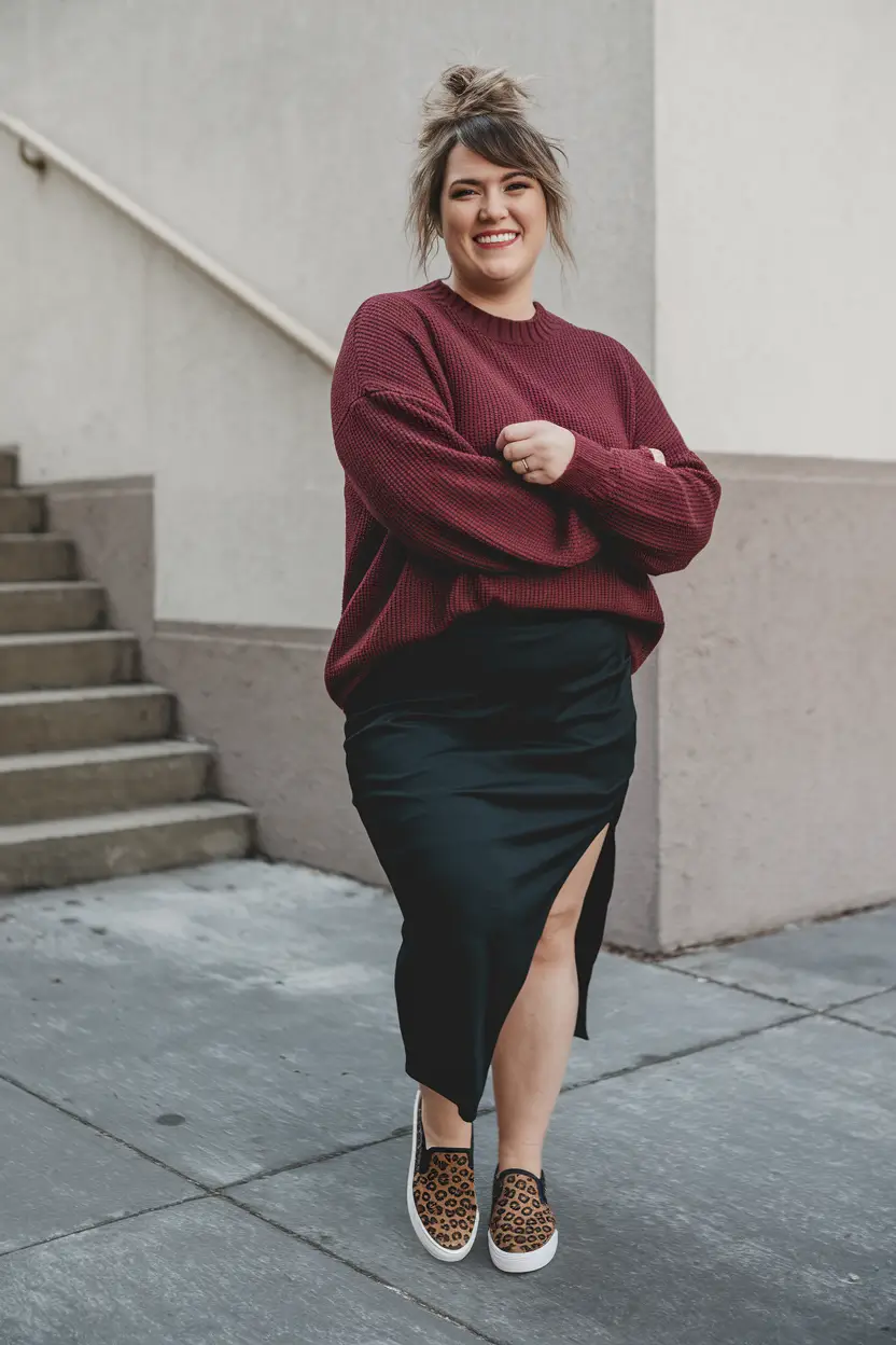 plus size fall fashion 2025 big stomach Slouchy Meets Sexy: Knit & Skirt Combo