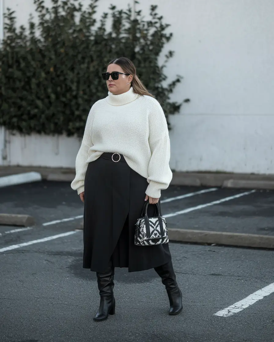 plus size fall fashion 2025 Layered Luxe in Soft Ivory and Black