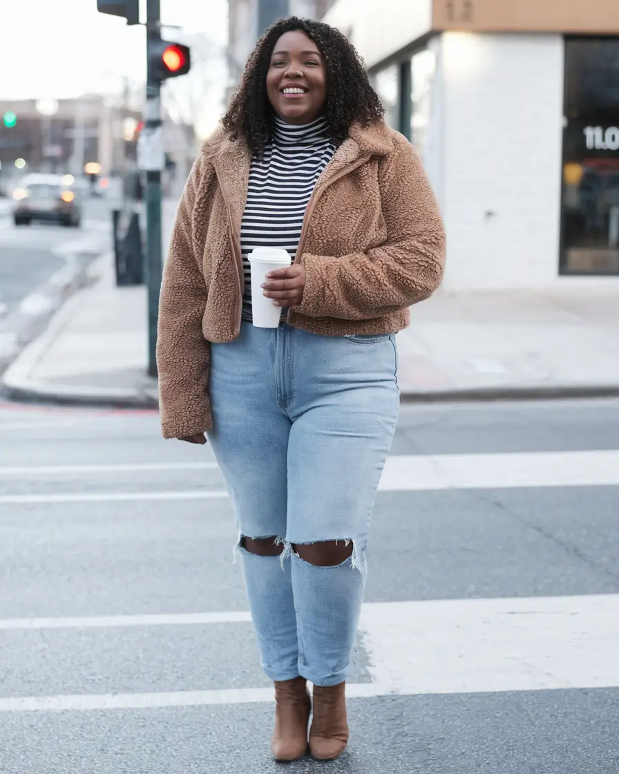plus size fall fashion for women casual Teddy Texture + Striped High-Neck? Yes, Please