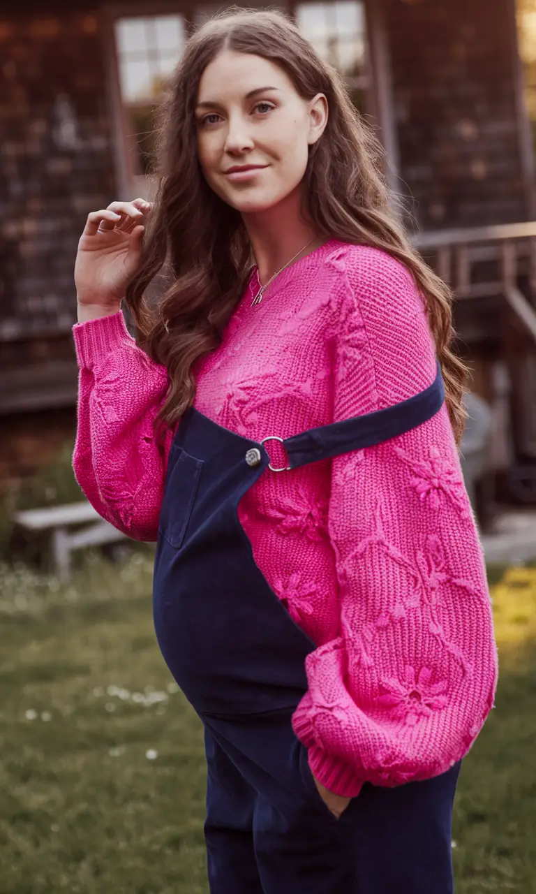 fall outfits for pregnant women 2025 Playful Textures in Pink and Denim