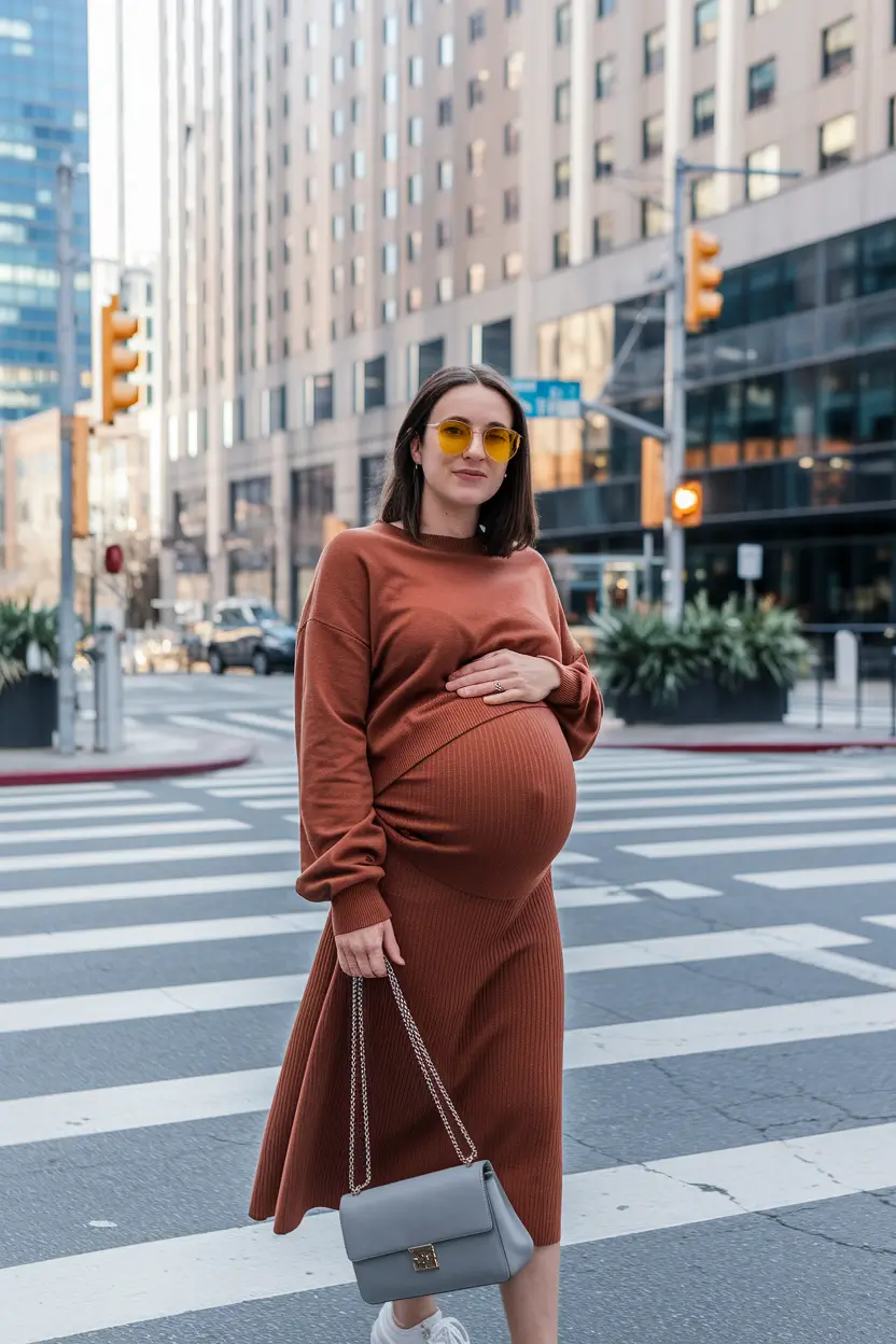 fall outfits for pregnant women dresses Rusty Tones and Urban Cool