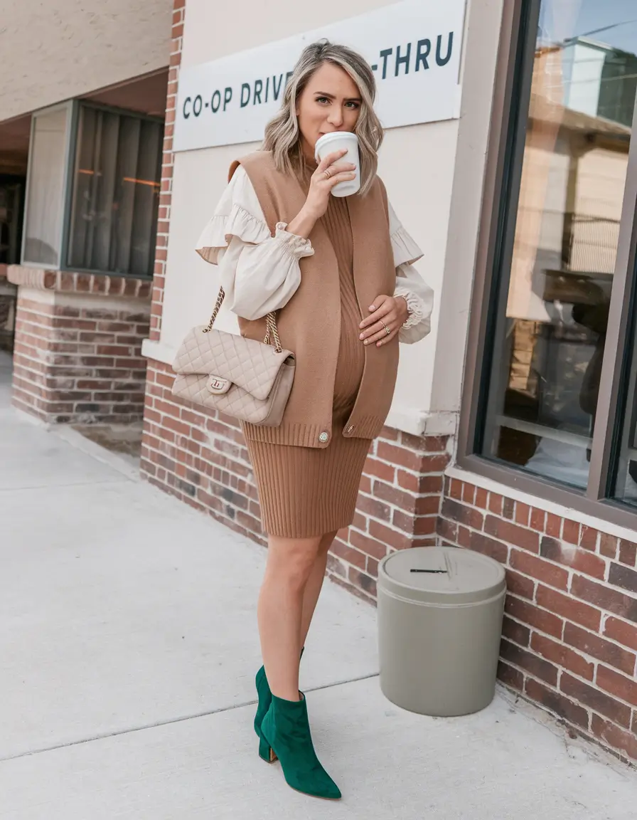 fall outfits for pregnant women 2025 Baby Blue on the City Sidewalk