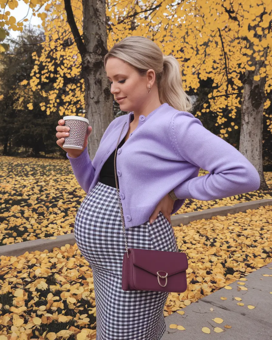 fall outfits for pregnant women 2025 Plaid Picnic Meets Lavender Crush