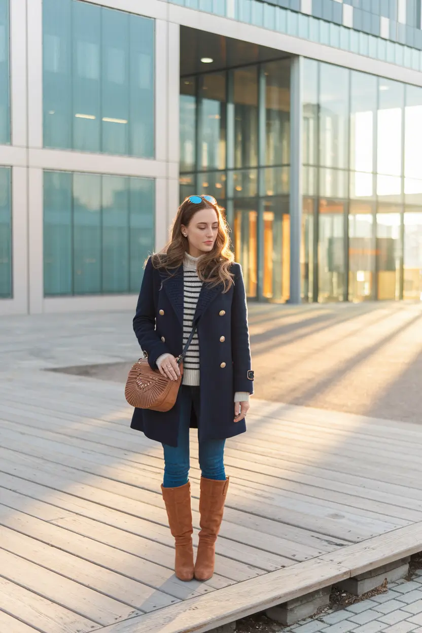 fall outfits with boots Navy, Stripes, and Tall Boot Energy