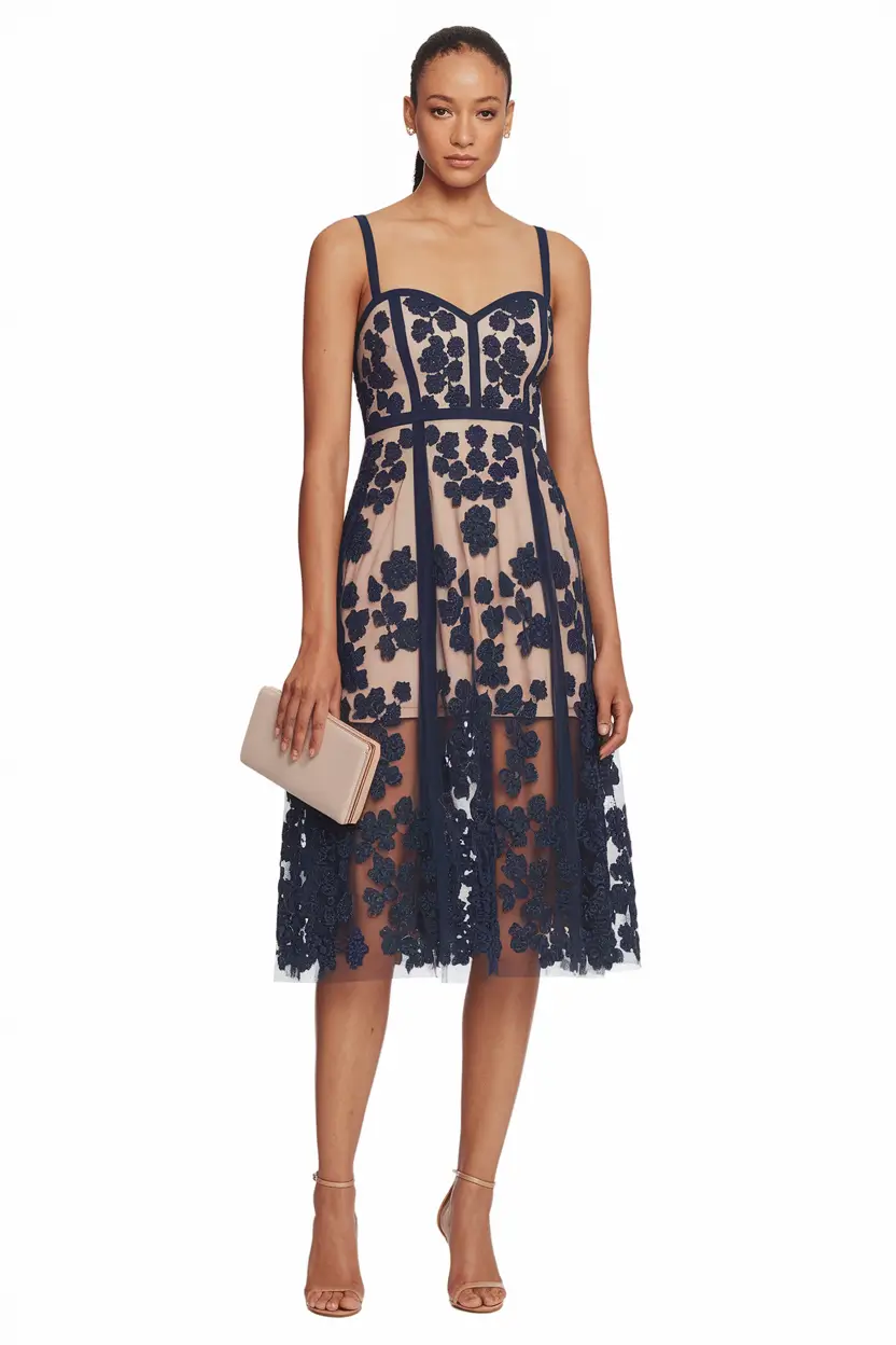 fall wedding guest dress 2025 Moody Navy Florals With Modern Structure