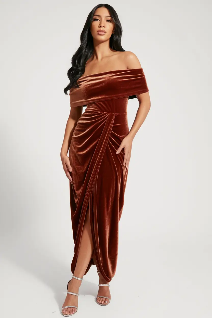 fall wedding guest dress 2025 Cinnamon Velvet Draping for Bold Warmth