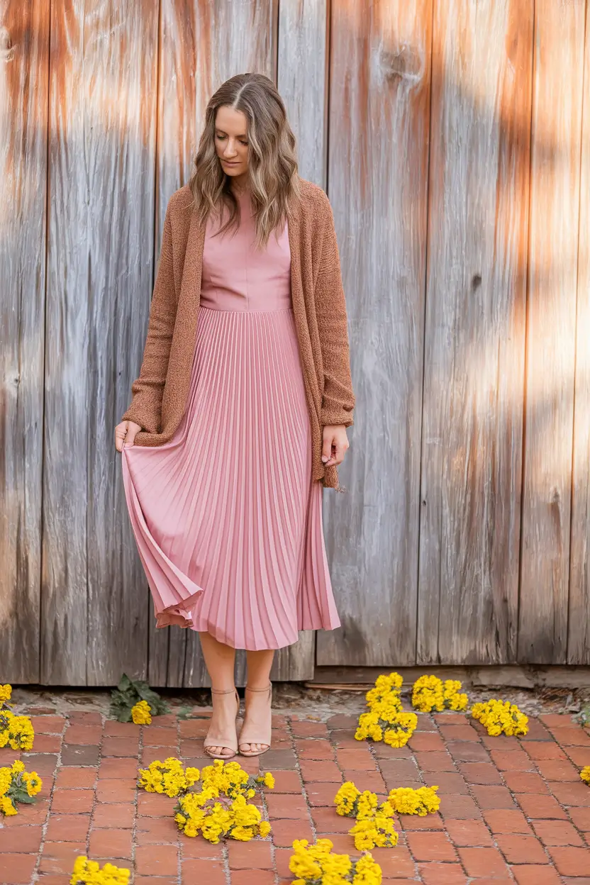 fall wedding guest dress 2025 Rose Pleats and Soft Sweater Layers