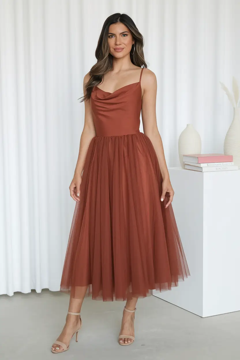 fall wedding guest dress 2025 Rust Tulle With Balletcore Energy