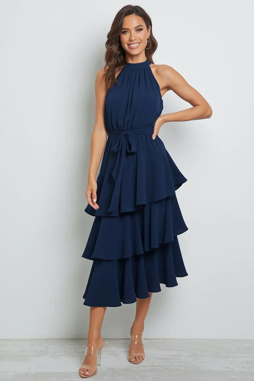 fall wedding guest dress 2025 Navy Tiers That Dance With You