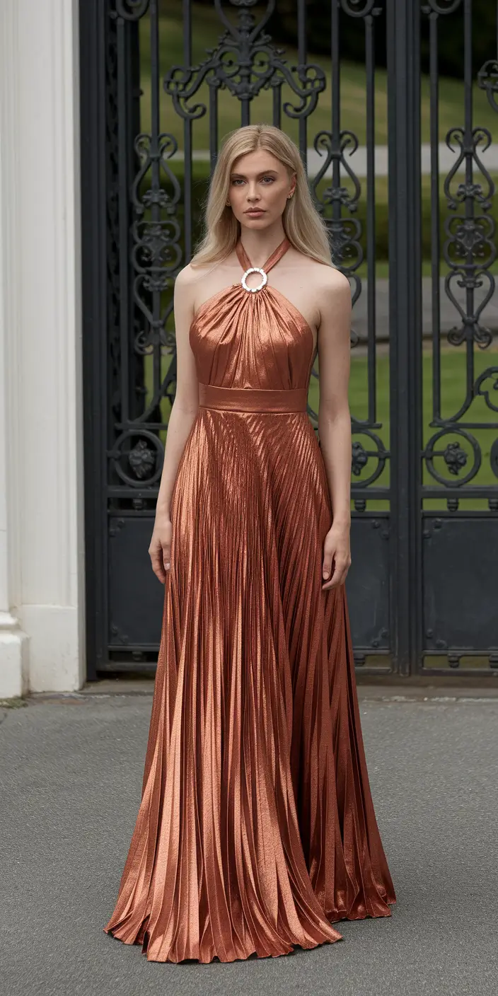 fall wedding guest dress 2025 Copper Shine and Pleats That Dance