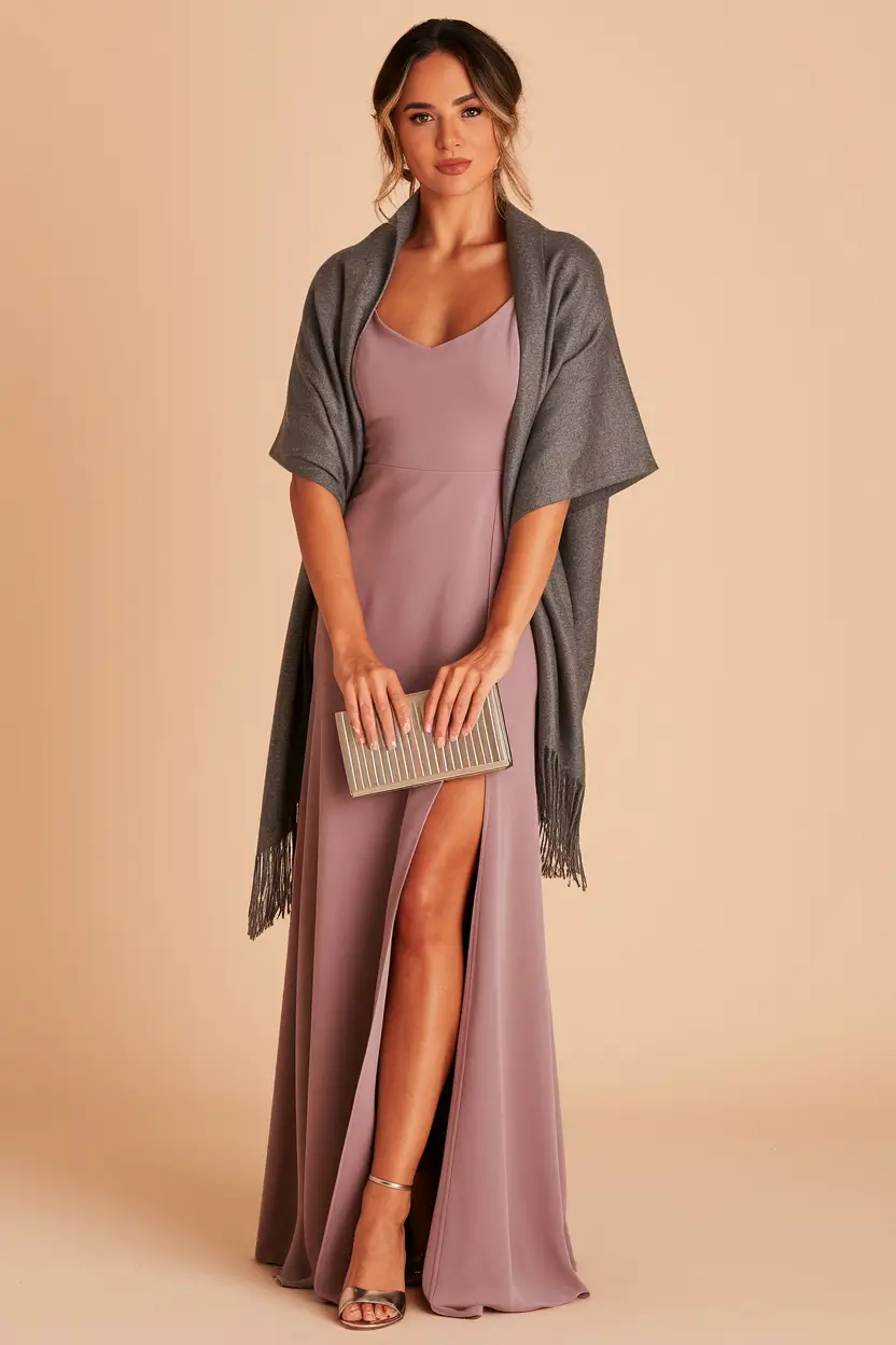 fall wedding guest dress 2025 Lavender Slit Dress With Cashmere Layers