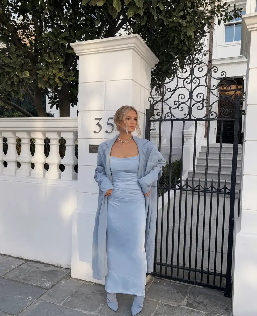 fall wedding guest dress 2025 Cool Powder Blue Monochrome Chic
