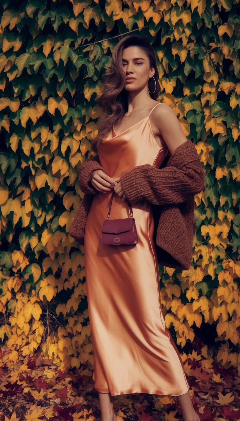 fall wedding guest dress 2025 Burnt Peach Satin With Chunky Knit Layers