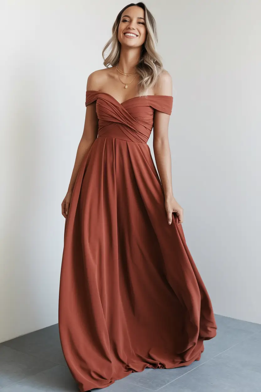 fall wedding guest dress 2025 Rust Off-Shoulder Elegance