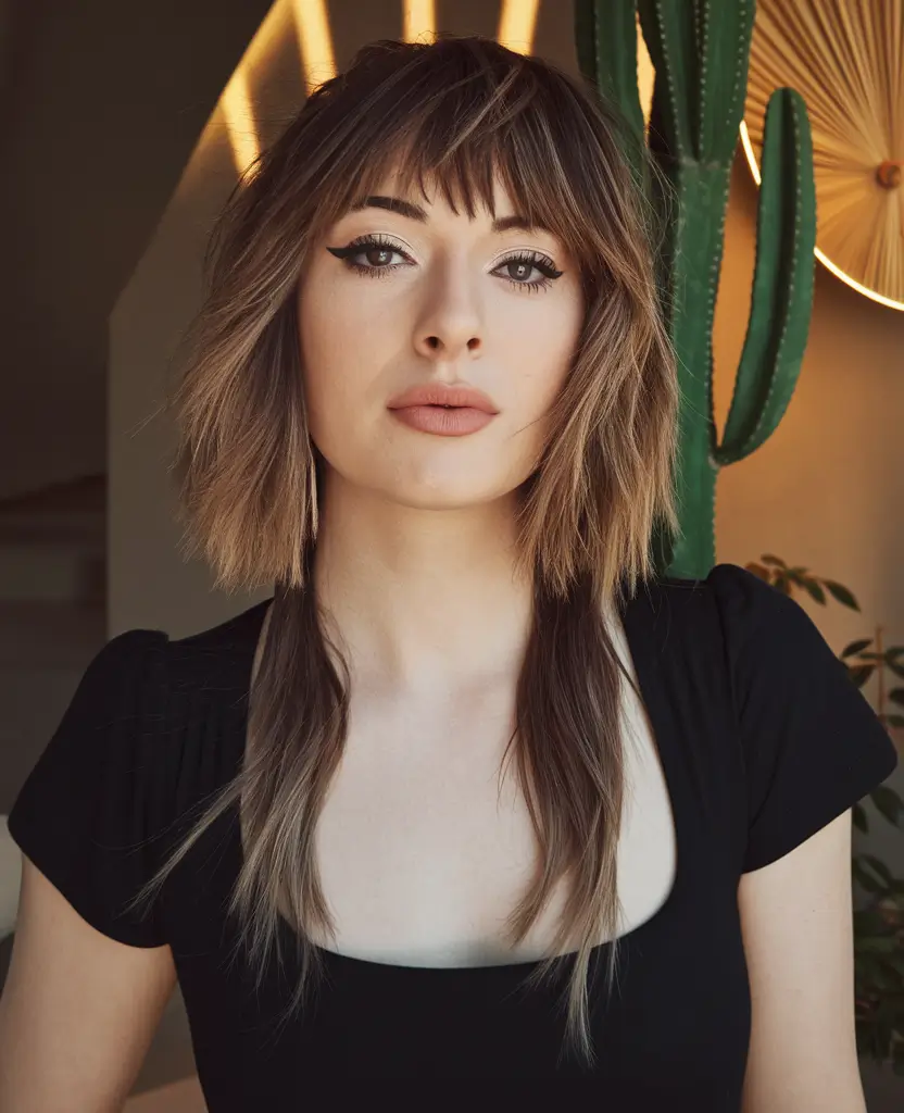haircuts for medium hair Disconnected Layers with Curtain Bangs: An Indie Revival