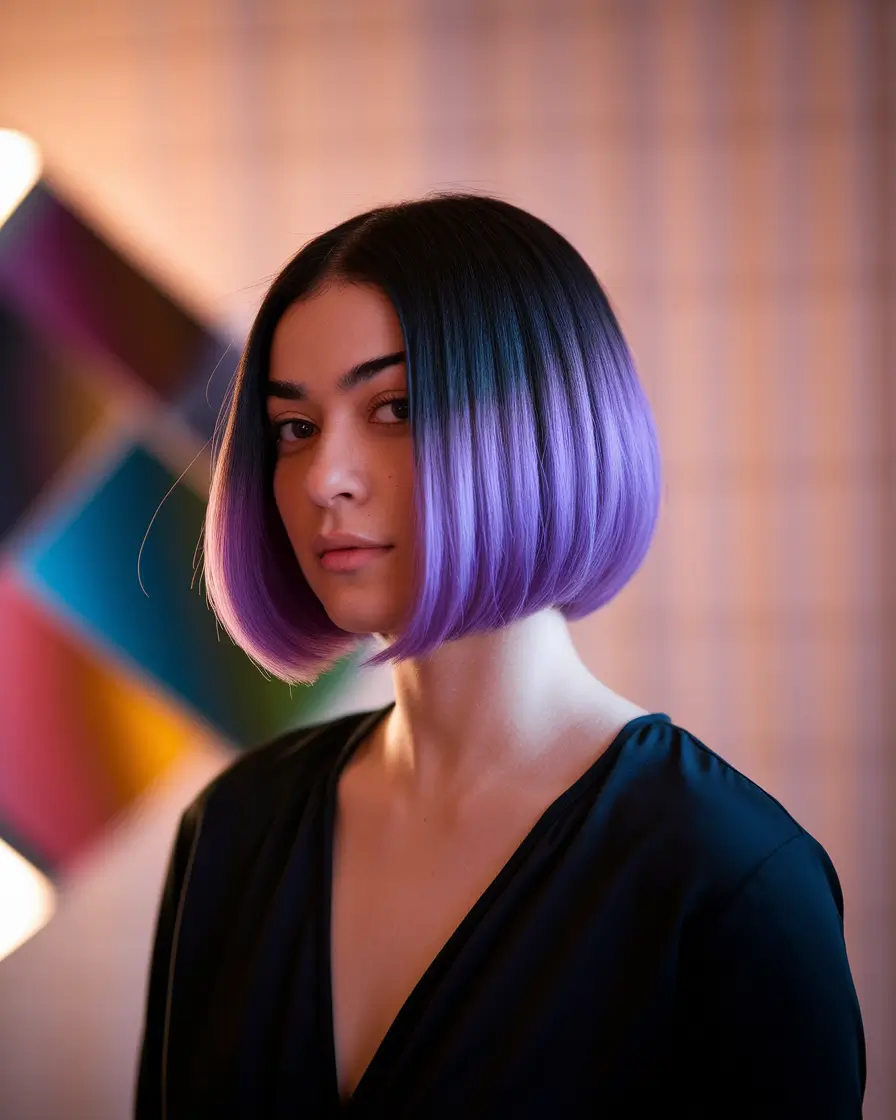 august hair color ideas brunette Geometric Bob With Purple Ombré Ends