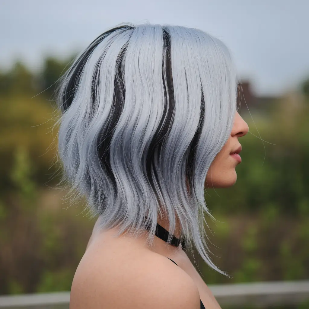 august hair color 2025 Silver Ice Bob With Inky Stripes