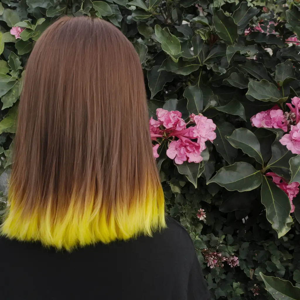 august hair color ideas brunette Hazelnut and Electric Yellow Dip Dye