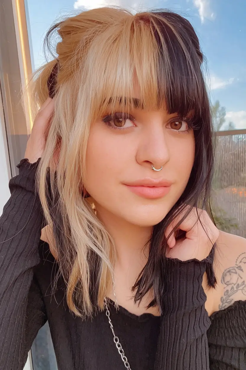 hair color ideas for brunettes august+Split-Tone Blonde and Raven Bangs