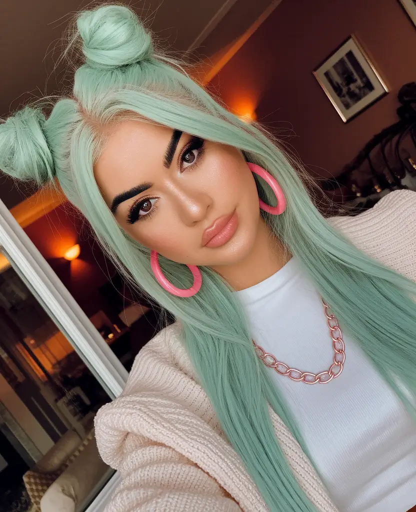 august hair color ideas blonde Mint Green Playful Space Buns With Y2K Contrast