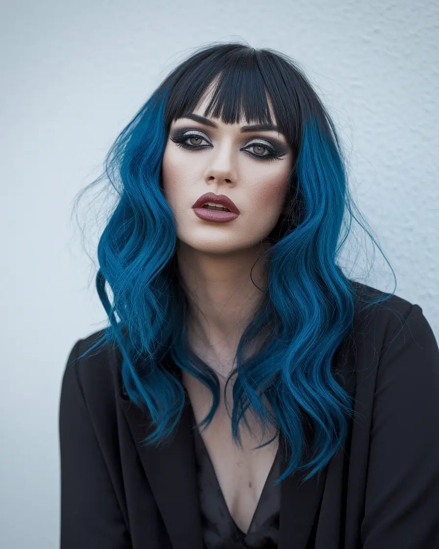august 2025 hair color trends+Midnight Teal with Jet Black Fringe