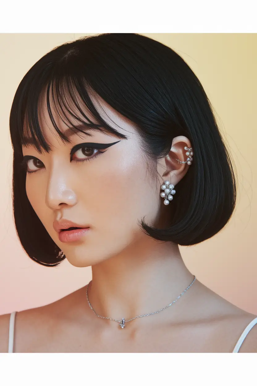 hair color for august Glossy Jet Black Bob With French Bang Drama