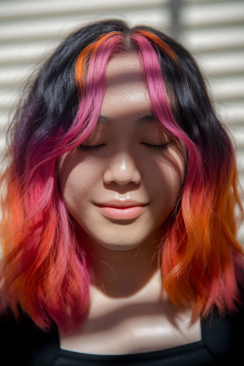 august hair color ideas brunette Sunset Melting Magenta and Tangerine Waves