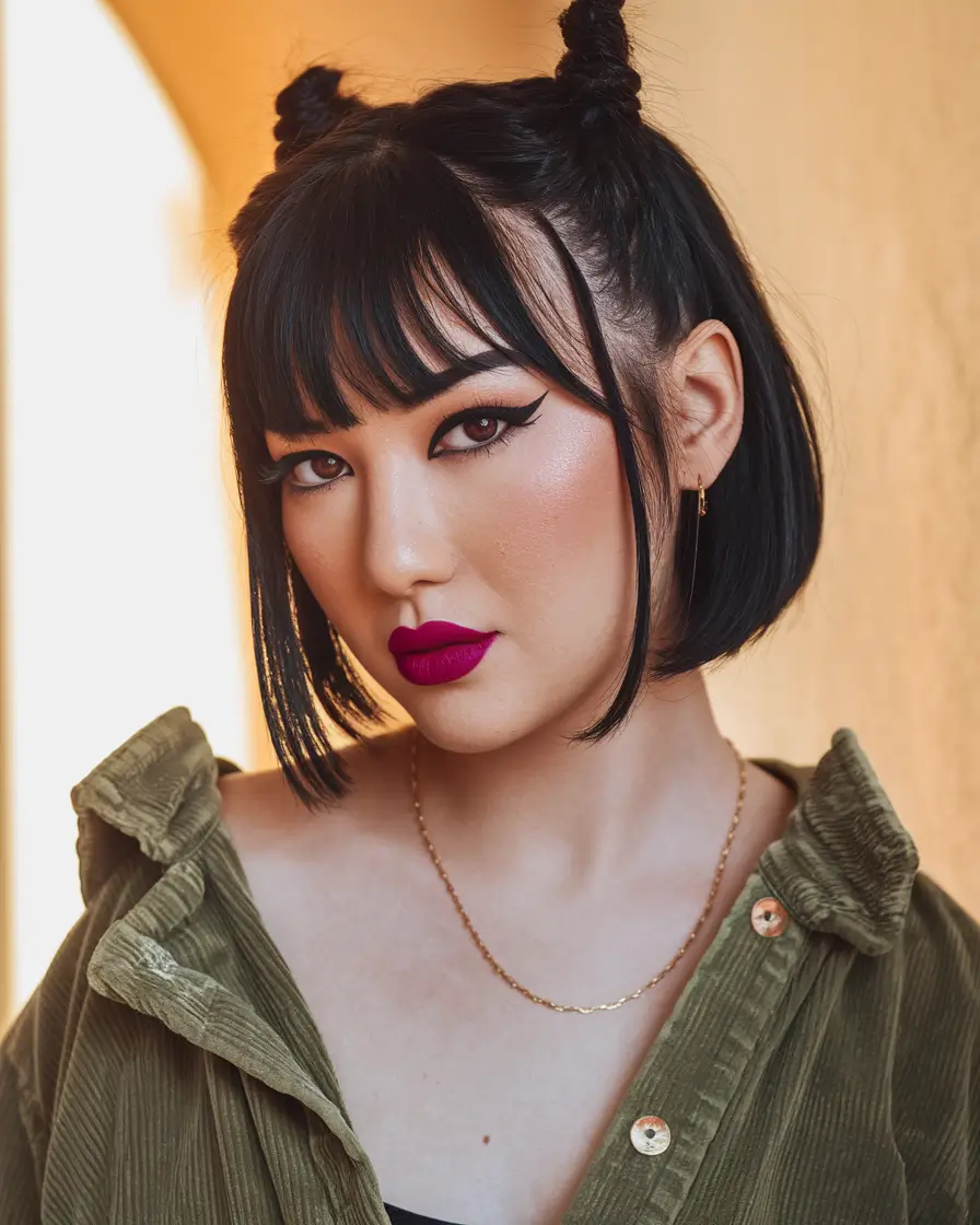 august hair color ideas short Blunt Black Bob With Mini Space Buns